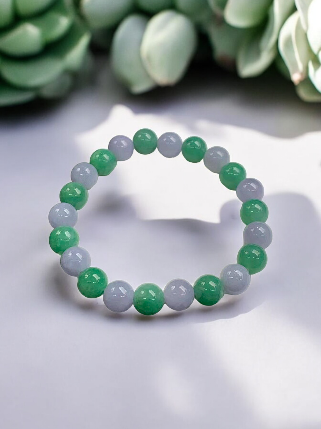 Imperial Japanese Green and Lavender Burmese A-Jade Beaded Bracelet (MADE IN JAPAN) (8.5mm Each x 22 beads) Certified 05031