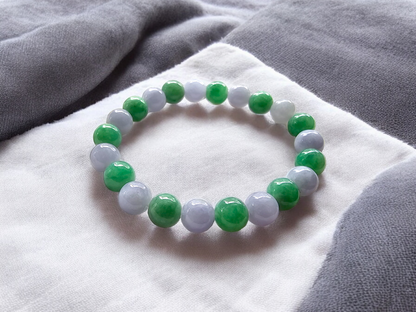 Imperial Japanese Green and Lavender Burmese A-Jade Beaded Bracelet (MADE IN JAPAN) (8.5mm Each x 22 beads) Certified 05031