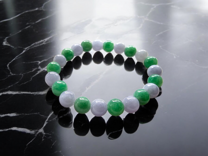 Imperial Japanese Green and Lavender Burmese A-Jade Beaded Bracelet (MADE IN JAPAN) (8.5mm Each x 22 beads) Certified 05031