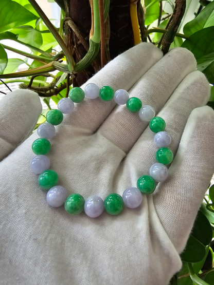 Imperial Japanese Green and Lavender Burmese A-Jade Beaded Bracelet (MADE IN JAPAN) (8.5mm Each x 22 beads) Certified 05031