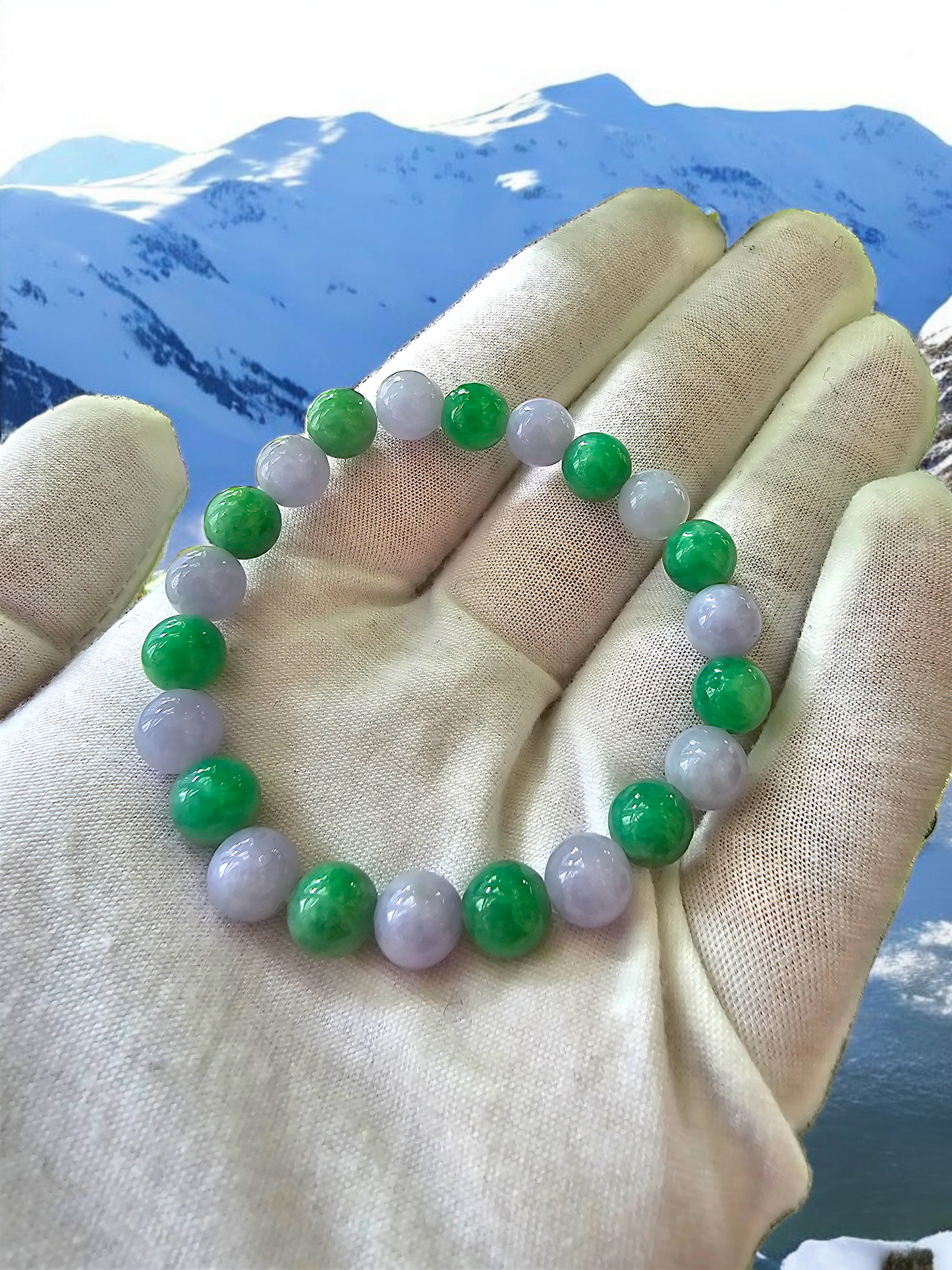 Imperial Japanese Green and Lavender Burmese A-Jade Beaded Bracelet (MADE IN JAPAN) (8.5mm Each x 22 beads) Certified 05031