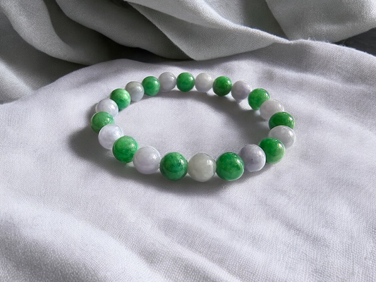 Imperial Japanese Green and Lavender Burmese A-Jade Beaded Bracelet (MADE IN JAPAN) (8.5mm Each x 22 beads) Certified 05031