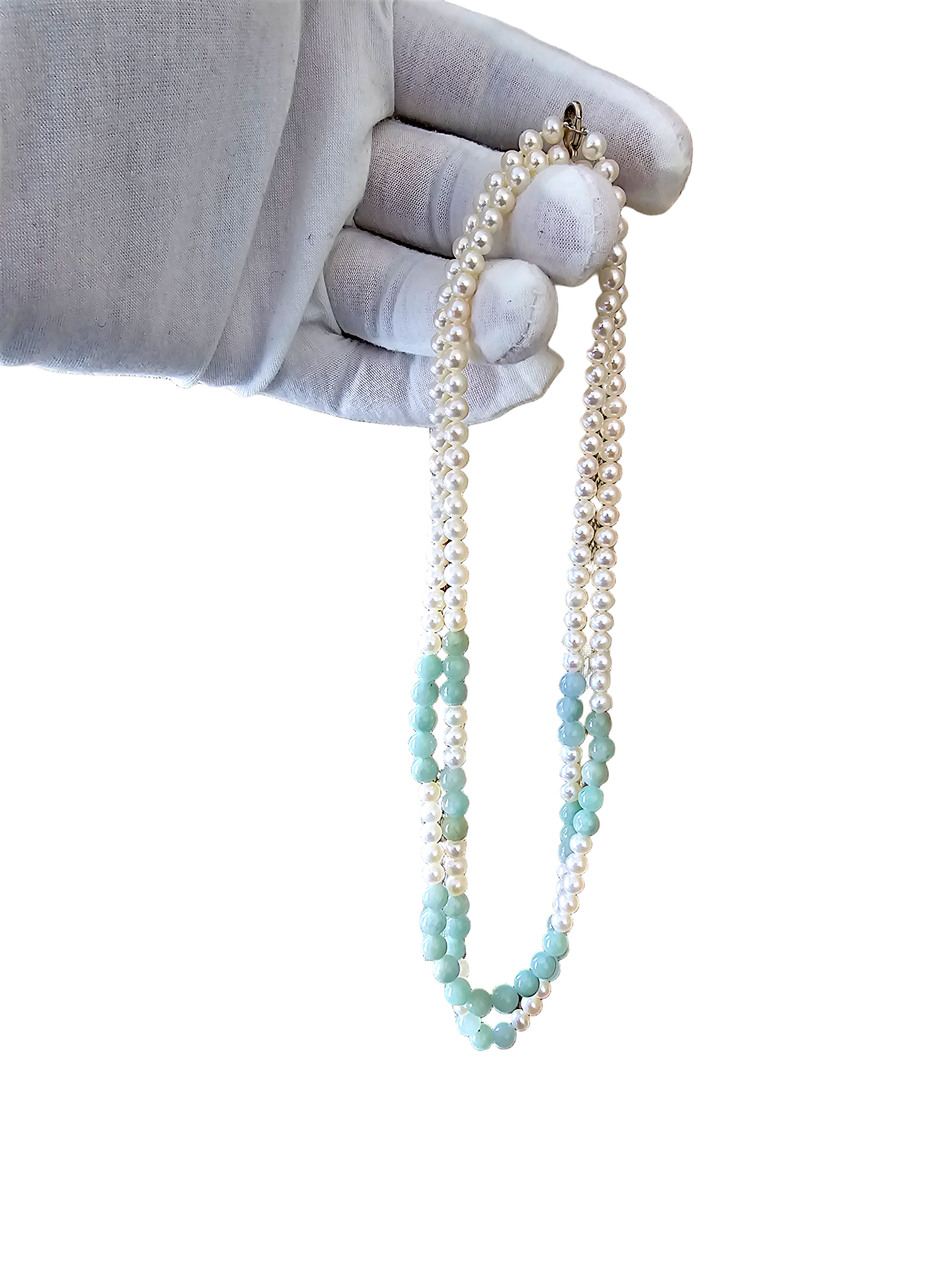 Yamanashi (MADE IN JAPAN) Burmese A-Jade and Pearl Double Beaded Necklace (5-6.5mm Each x 163 Beads) with 925 Sterling Silver 10004