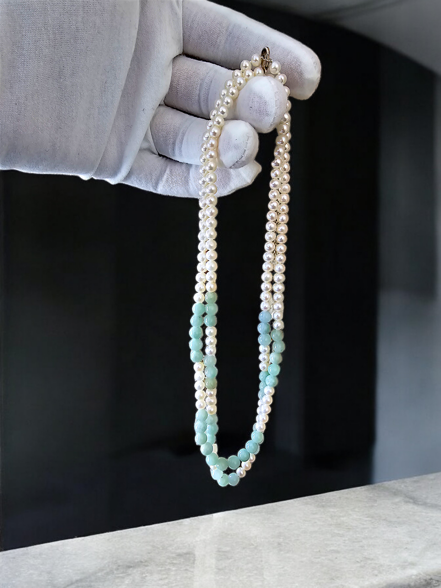 Yamanashi (MADE IN JAPAN) Burmese A-Jade and Pearl Double Beaded Necklace (5-6.5mm Each x 163 Beads) with 925 Sterling Silver 10004