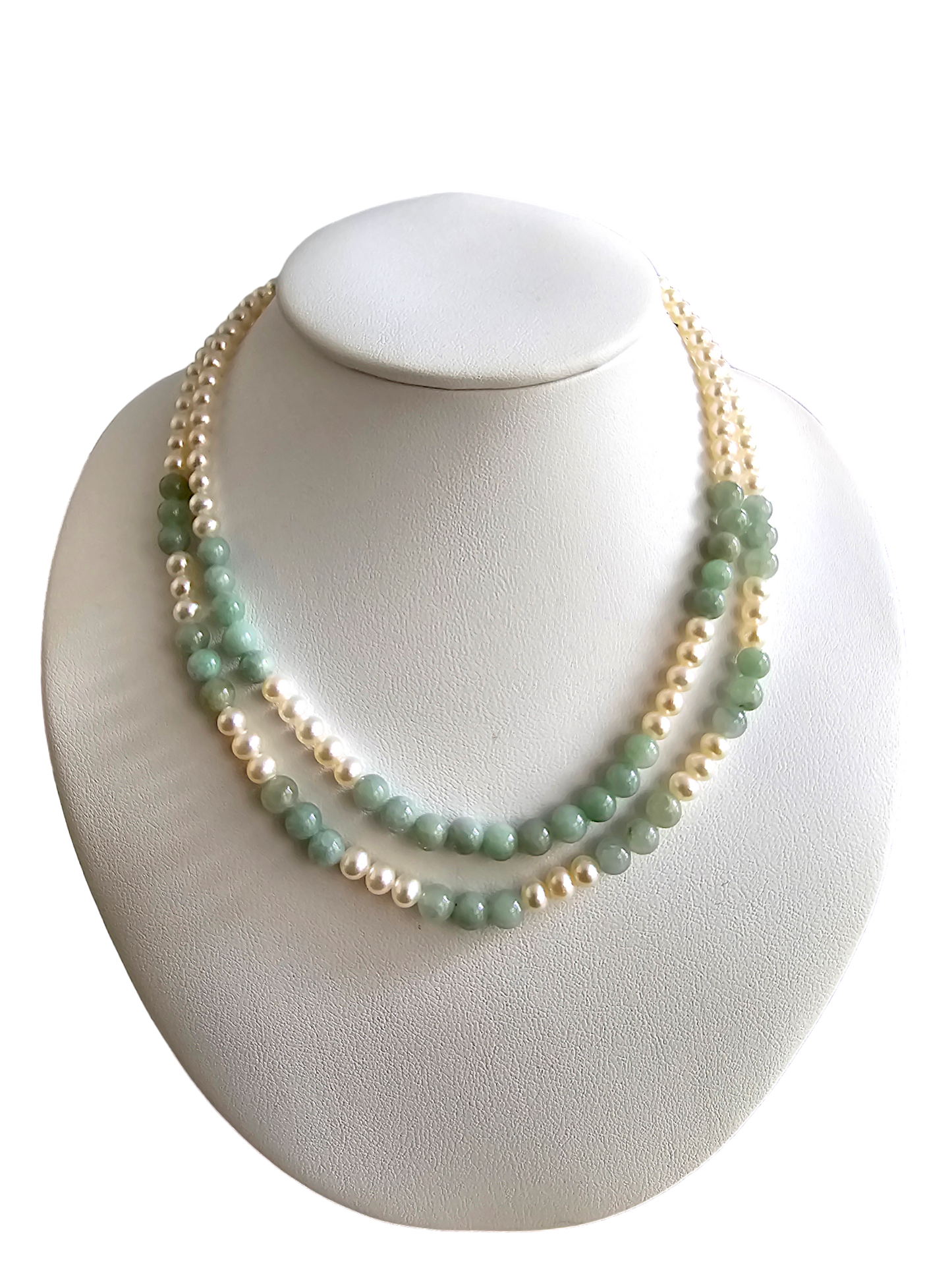 Yamanashi (MADE IN JAPAN) Burmese A-Jade and Pearl Double Beaded Necklace (5-6.5mm Each x 163 Beads) with 925 Sterling Silver 10004