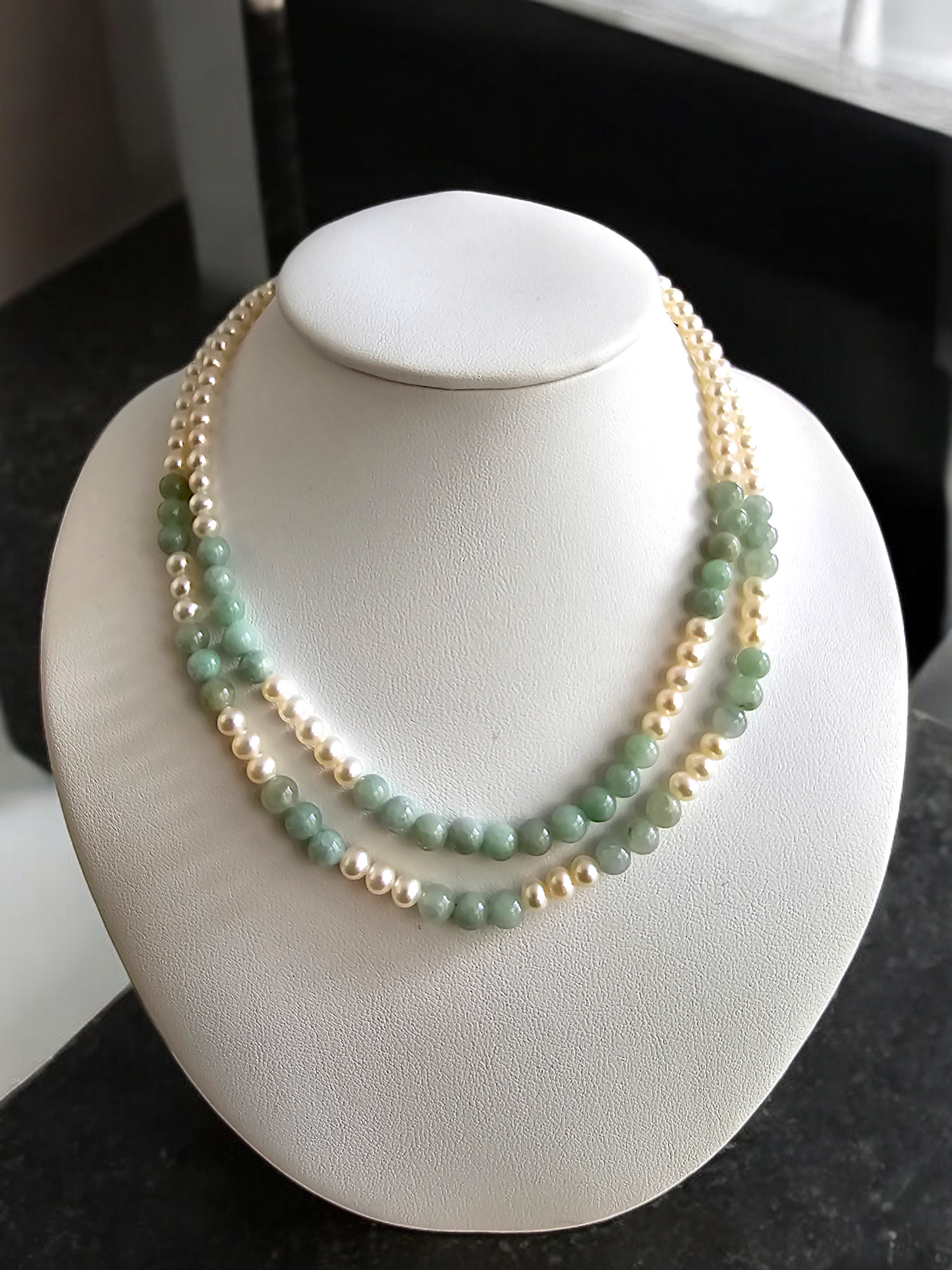 Yamanashi (MADE IN JAPAN) Burmese A-Jade and Pearl Double Beaded Necklace (5-6.5mm Each x 163 Beads) with 925 Sterling Silver 10004