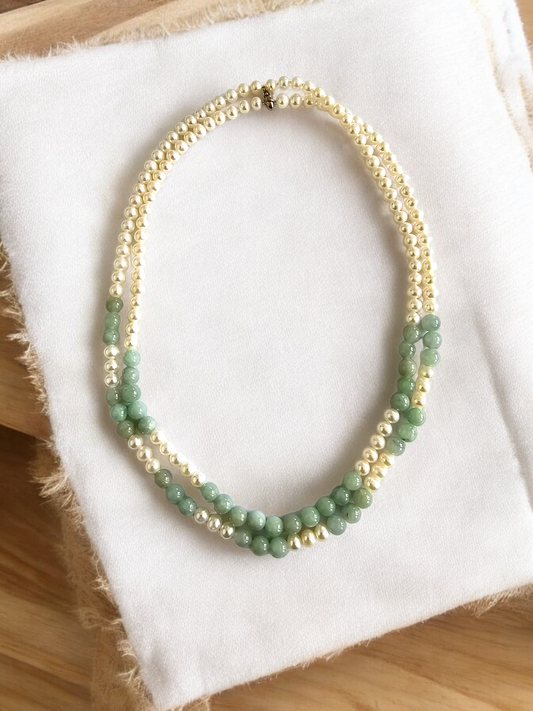 Yamanashi (MADE IN JAPAN) Burmese A-Jade and Pearl Double Beaded Necklace (5-6.5mm Each x 163 Beads) with 925 Sterling Silver 10004