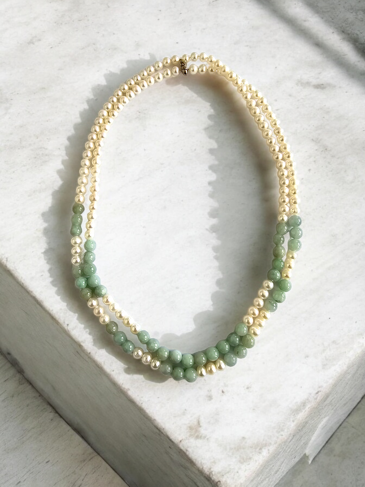 Yamanashi (MADE IN JAPAN) Burmese A-Jade and Pearl Double Beaded Necklace (5-6.5mm Each x 163 Beads) with 925 Sterling Silver 10004