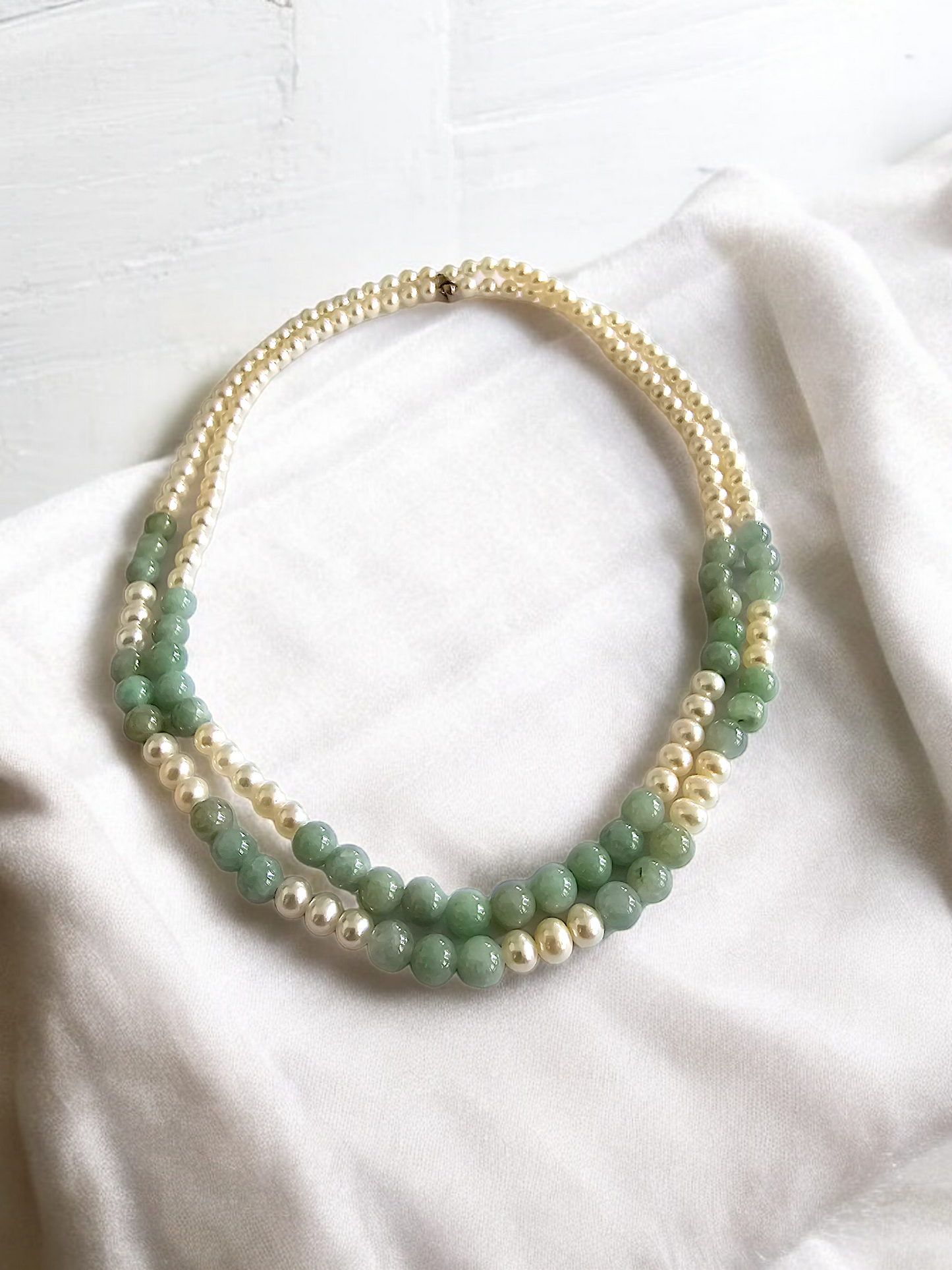 Yamanashi (MADE IN JAPAN) Burmese A-Jade and Pearl Double Beaded Necklace (5-6.5mm Each x 163 Beads) with 925 Sterling Silver 10004