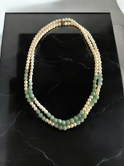 Yamanashi (MADE IN JAPAN) Burmese A-Jade and Pearl Double Beaded Necklace (5-6.5mm Each x 163 Beads) with 925 Sterling Silver 10004