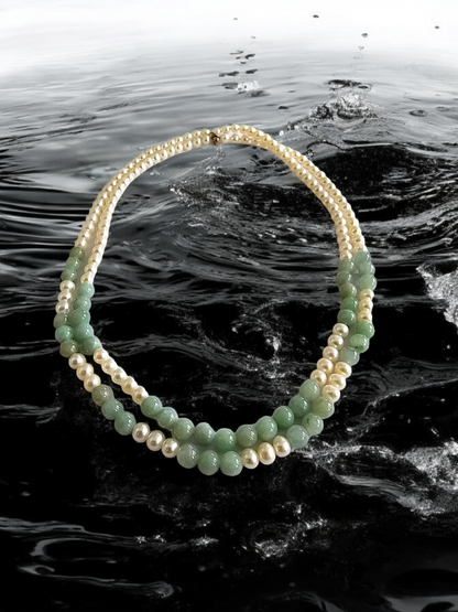 Yamanashi (MADE IN JAPAN) Burmese A-Jade and Pearl Double Beaded Necklace (5-6.5mm Each x 163 Beads) with 925 Sterling Silver 10004