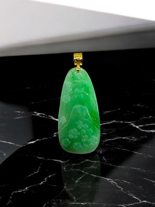 Bliss of Fuji Burmese A-Jade Pendant (with 18K Yellow Gold) Certified