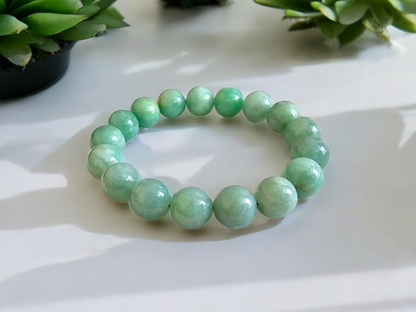 Imperial Japanese Green Burmese A Jade Beaded Bracelet (MADE IN JAPAN) (12mm Each x 17 beads) 05018