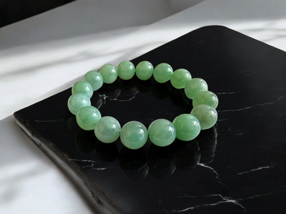 Imperial Japanese Green Burmese A Jade Beaded Bracelet (MADE IN JAPAN) (12mm Each x 16 beads) 05019