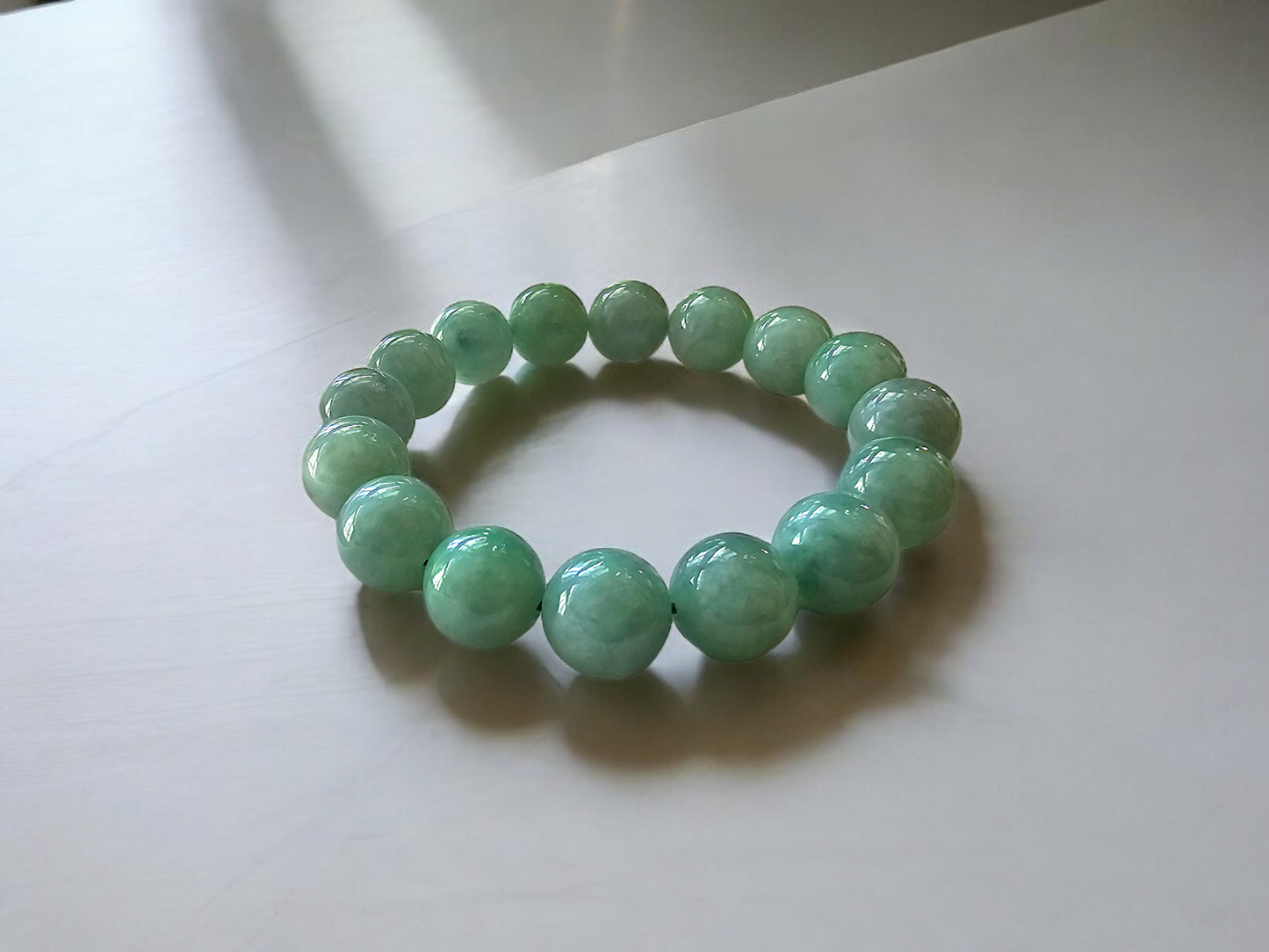 Imperial Japanese Green Burmese A Jade Beaded Bracelet (MADE IN JAPAN) (12mm Each x 16 beads) 05019