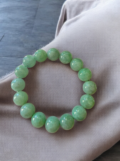 Imperial Japanese Green Burmese A Jade Beaded Bracelet (MADE IN JAPAN) (12mm Each x 16 beads) 05019