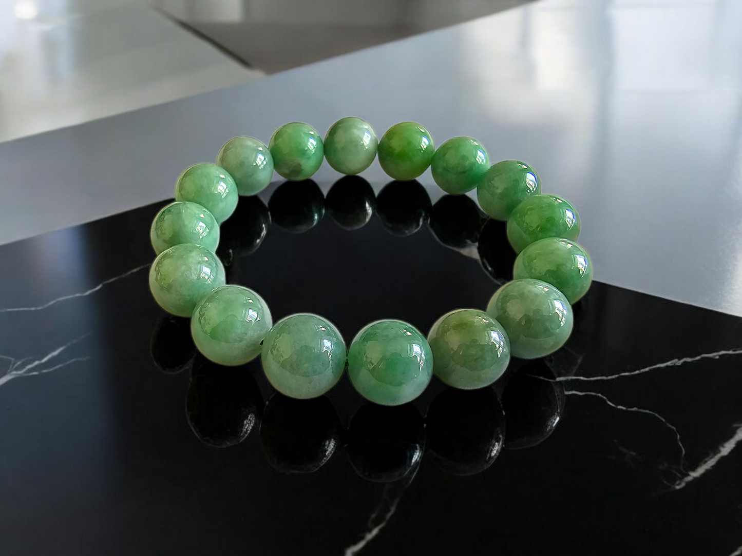 Imperial Japanese Green Burmese A Jade Beaded Bracelet (MADE IN JAPAN) (12mm Each x 16 beads) 05020