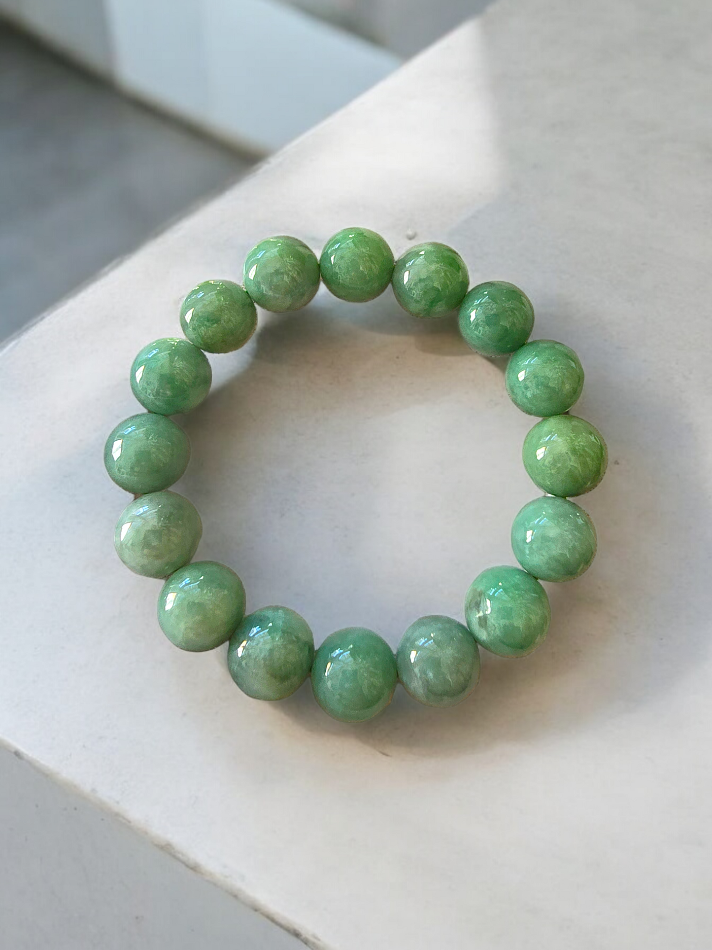 Imperial Japanese Green Burmese A Jade Beaded Bracelet (MADE IN JAPAN) (12mm Each x 16 beads) 05020