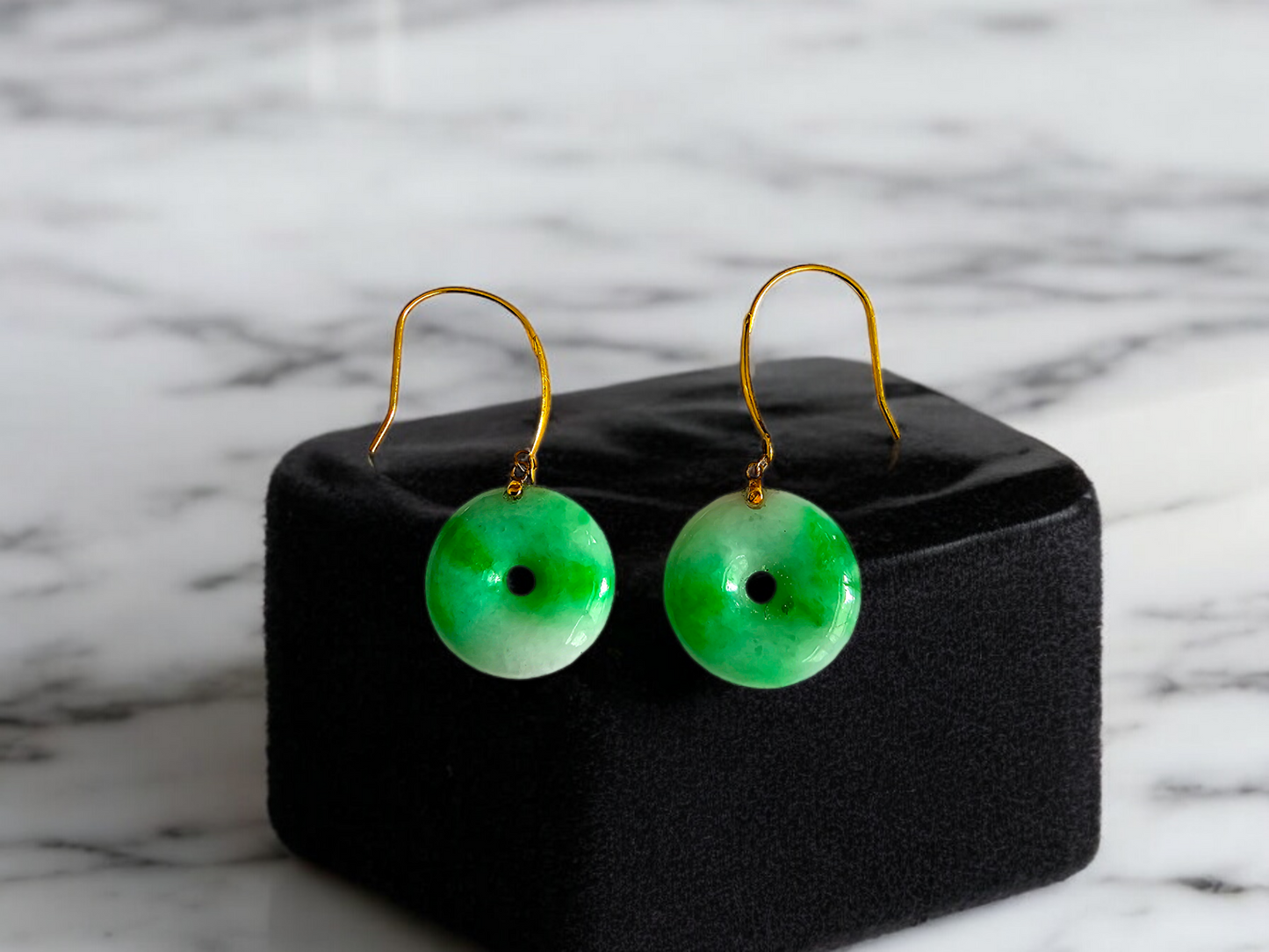 Vibrant Donut Drop and Dangle French Hook Burmese A-Jade Earrings (with 18K Yellow Gold) - Certified