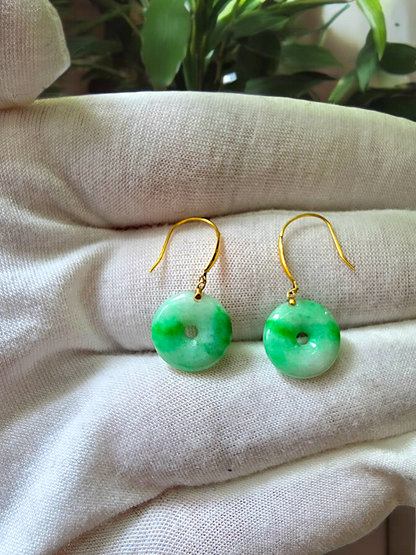 Vibrant Donut Drop and Dangle French Hook Burmese A-Jade Earrings (with 18K Yellow Gold) - Certified