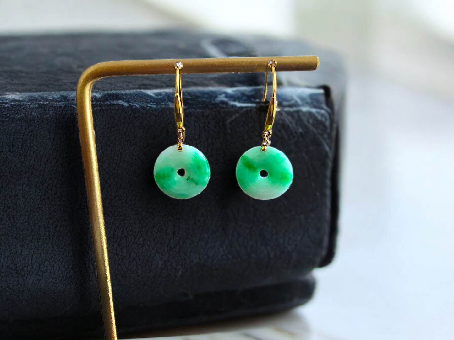 Vibrant Donut Drop and Dangle French Hook Burmese A-Jade Earrings (with 18K Yellow Gold) - Certified