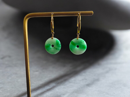 Vibrant Donut Drop and Dangle French Hook Burmese A-Jade Earrings (with 18K Yellow Gold) - Certified