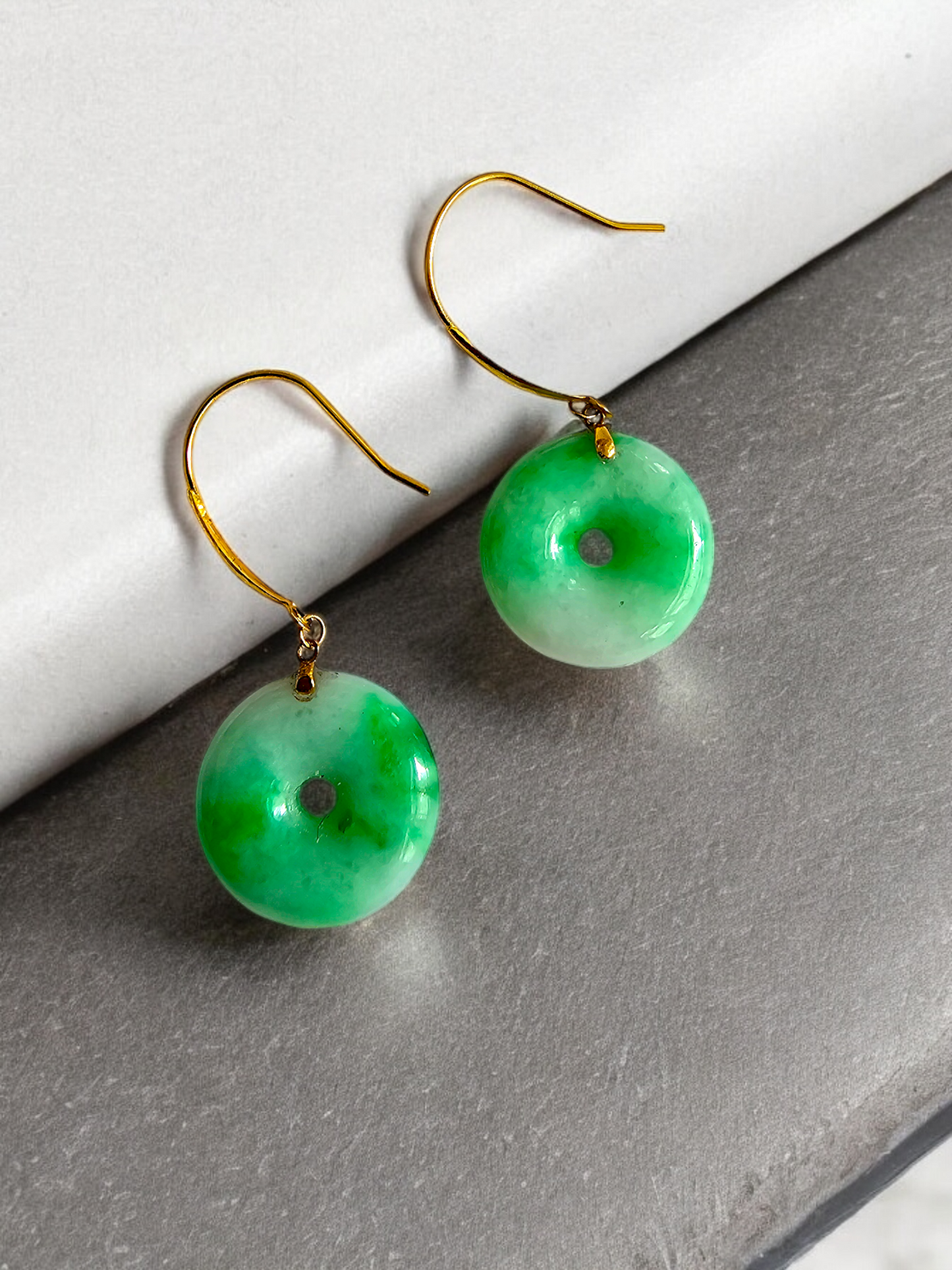 Vibrant Donut Drop and Dangle French Hook Burmese A-Jade Earrings (with 18K Yellow Gold) - Certified