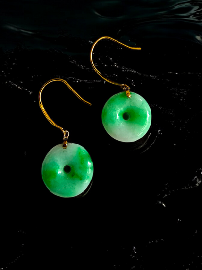 Vibrant Donut Drop and Dangle French Hook Burmese A-Jade Earrings (with 18K Yellow Gold) - Certified