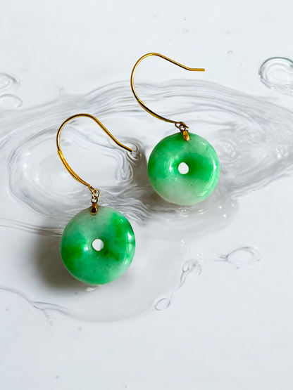 Vibrant Donut Drop and Dangle French Hook Burmese A-Jade Earrings (with 18K Yellow Gold) - Certified