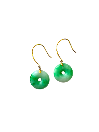 Vibrant Donut Drop and Dangle French Hook Burmese A-Jade Earrings (with 18K Yellow Gold) - Certified