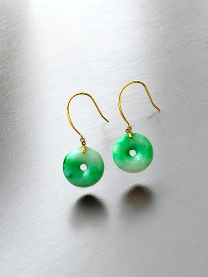 Vibrant Donut Drop and Dangle French Hook Burmese A-Jade Earrings (with 18K Yellow Gold) - Certified