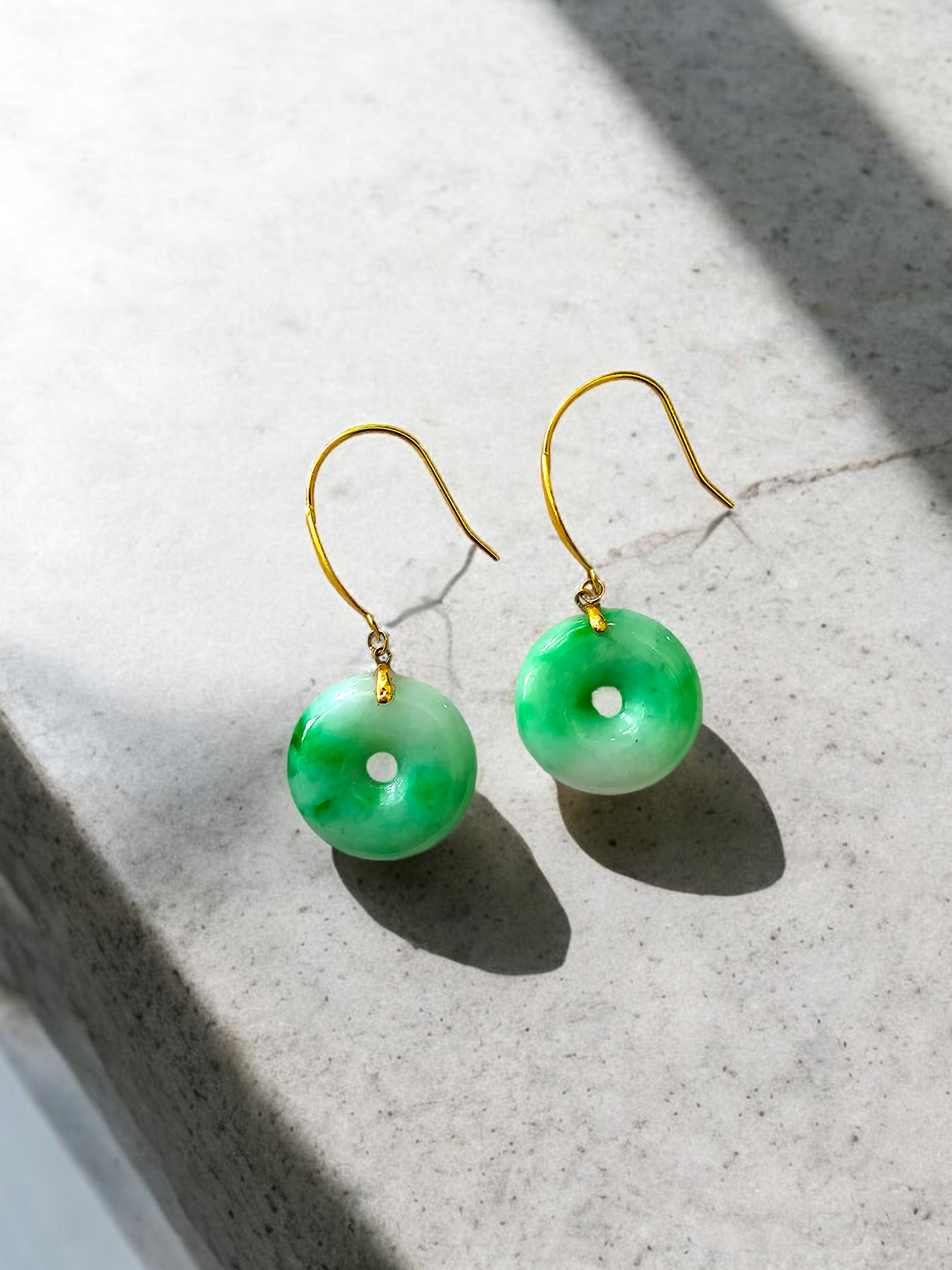 Vibrant Donut Drop and Dangle French Hook Burmese A-Jade Earrings (with 18K Yellow Gold) - Certified