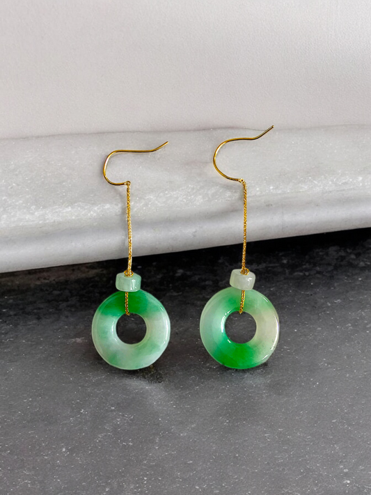 Devil's Donut Drop and Dangle French Hook Burmese A-Jade Earrings (with 18K Yellow Gold) - Certified