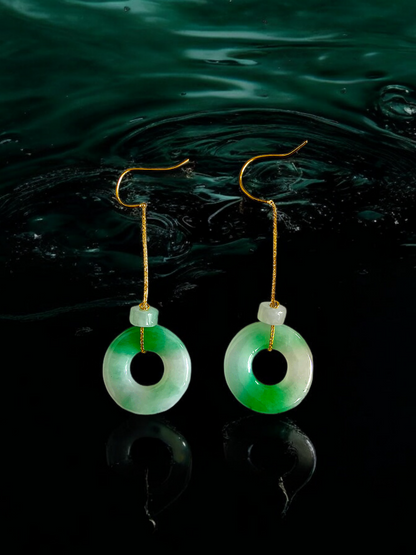 Devil's Donut Drop and Dangle French Hook Burmese A-Jade Earrings (with 18K Yellow Gold) - Certified