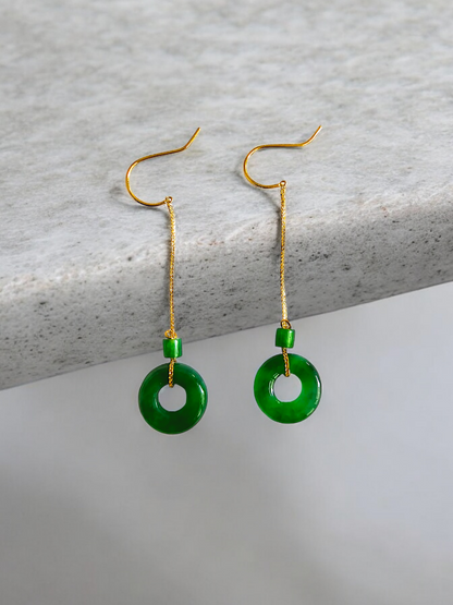 Enchanted Donut Drop and Dangle French Hook Burmese A-Jade Earrings (with 18K Yellow Gold) - Certified