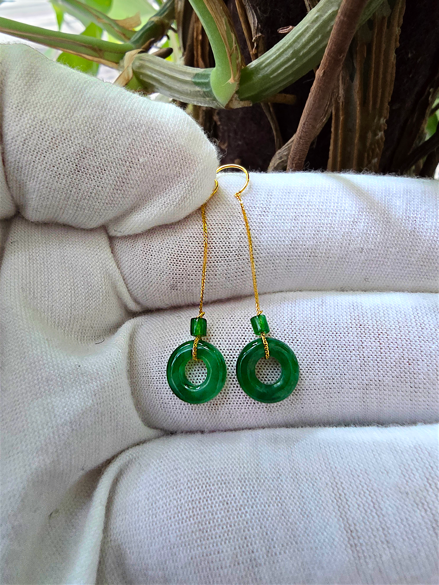 Enchanted Donut Drop and Dangle French Hook Burmese A-Jade Earrings (with 18K Yellow Gold) - Certified