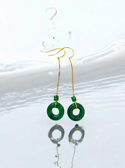 Enchanted Donut Drop and Dangle French Hook Burmese A-Jade Earrings (with 18K Yellow Gold) - Certified