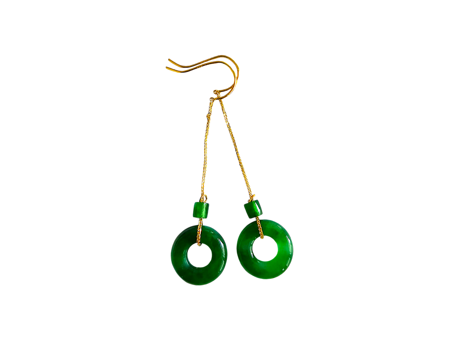 Enchanted Donut Drop and Dangle French Hook Burmese A-Jade Earrings (with 18K Yellow Gold) - Certified