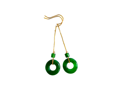 Enchanted Donut Drop and Dangle French Hook Burmese A-Jade Earrings (with 18K Yellow Gold) - Certified