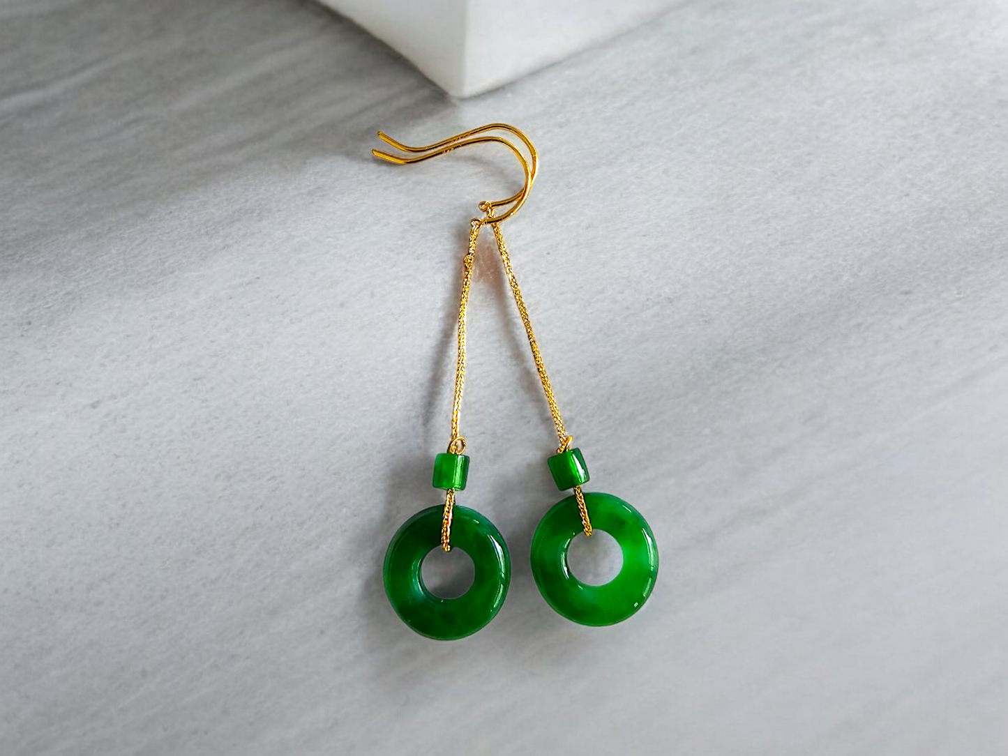 Enchanted Donut Drop and Dangle French Hook Burmese A-Jade Earrings (with 18K Yellow Gold) - Certified