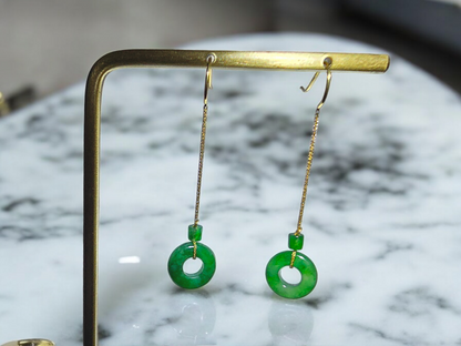 Enchanted Donut Drop and Dangle French Hook Burmese A-Jade Earrings (with 18K Yellow Gold) - Certified