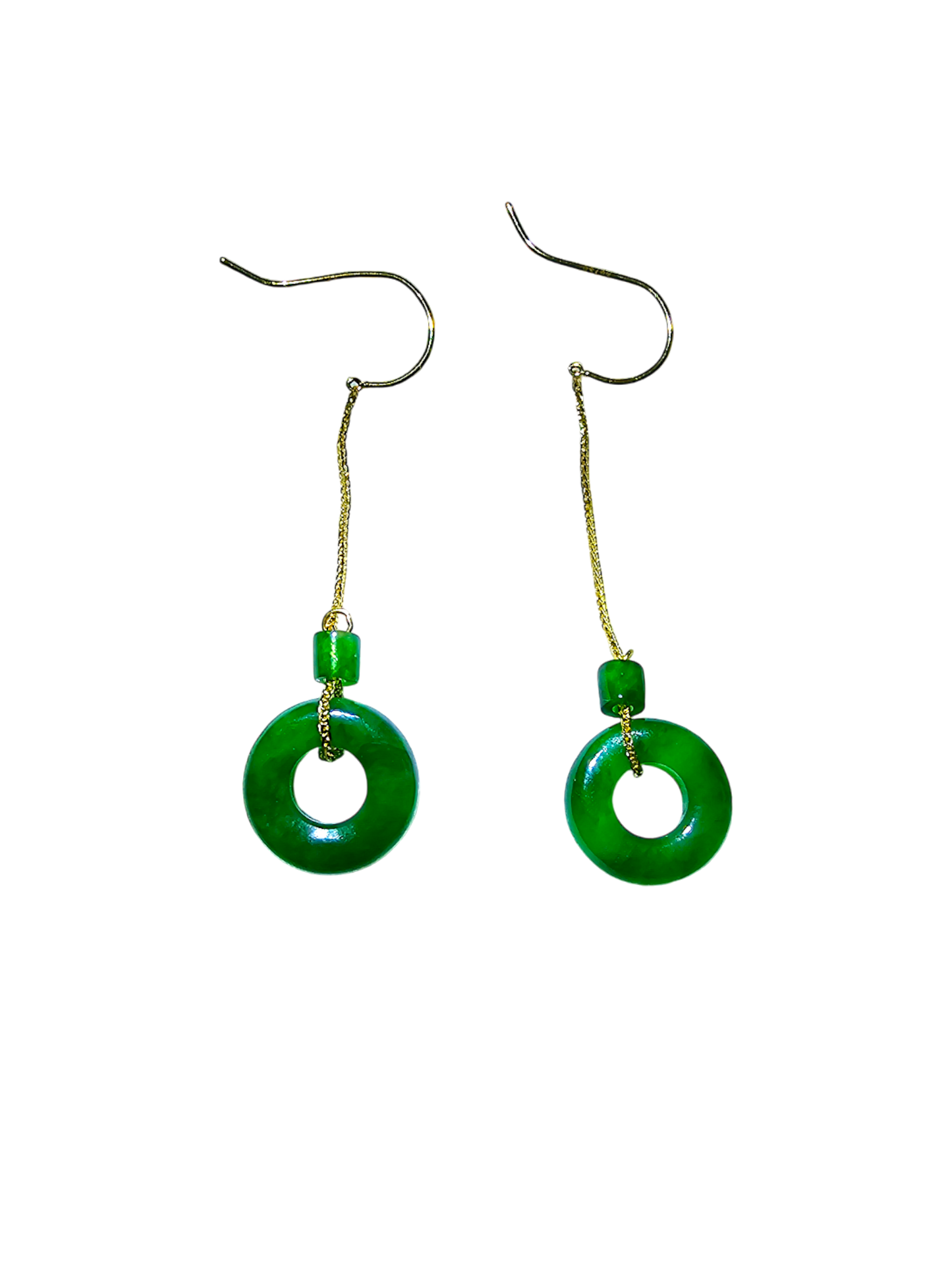 Enchanted Donut Drop and Dangle French Hook Burmese A-Jade Earrings (with 18K Yellow Gold) - Certified