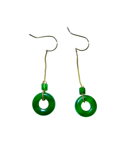 Enchanted Donut Drop and Dangle French Hook Burmese A-Jade Earrings (with 18K Yellow Gold) - Certified