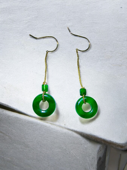 Enchanted Donut Drop and Dangle French Hook Burmese A-Jade Earrings (with 18K Yellow Gold) - Certified