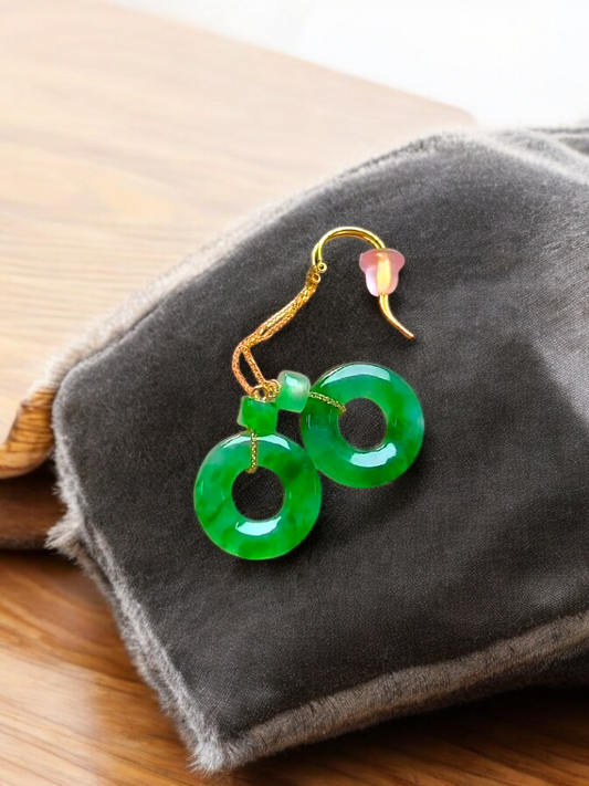 Enchanted Donut Drop and Dangle French Hook Burmese A-Jade Earrings (with 18K Yellow Gold) - Certified