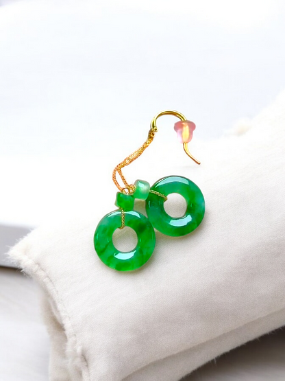 Enchanted Donut Drop and Dangle French Hook Burmese A-Jade Earrings (with 18K Yellow Gold) - Certified