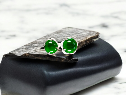 Vert Imperial Green Burmese A-Jade Stud Earrings (with 18K White Gold) - Certified