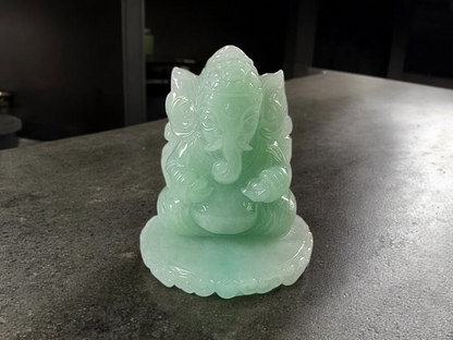 Certified Authoritative Lord Ganesha Imperial Burmese A-Jadeite Carved Figurine Ornament with Stand