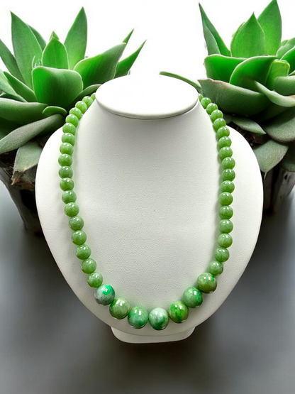 Imperial Burmese A-Jade Beaded Necklace 20.40 inches (13.50-10mm Beads) with Sterling Silver 925 10005