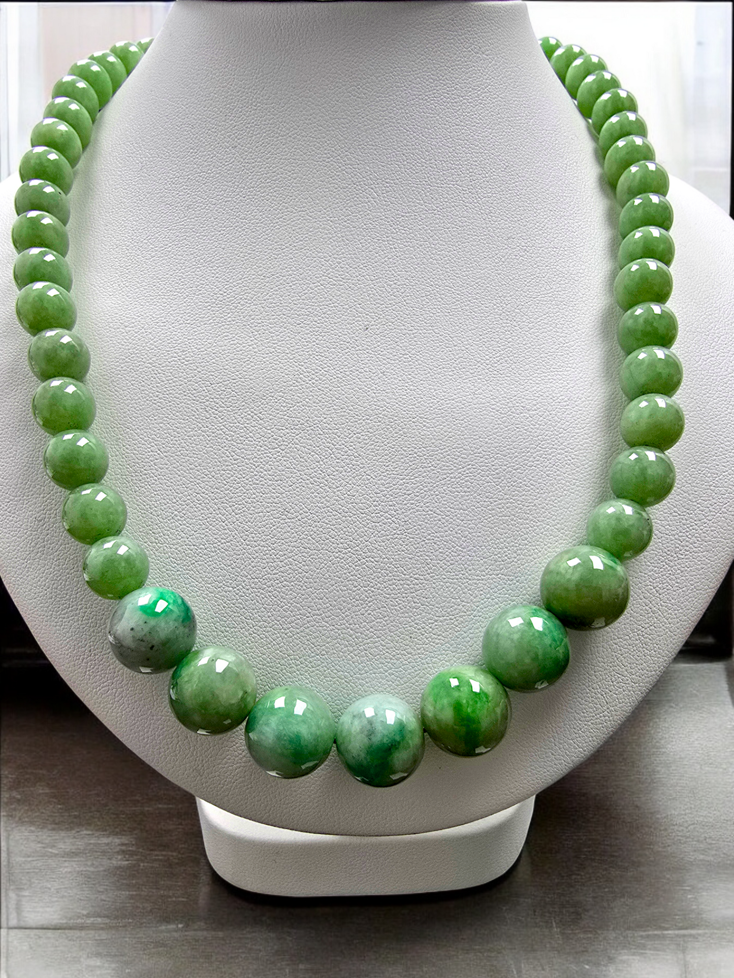 Imperial Burmese A-Jade Beaded Necklace 20.40 inches (13.50-10mm Beads) with Sterling Silver 925 10005